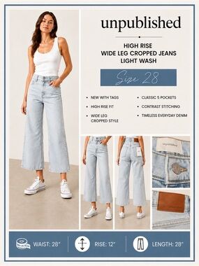 Unpublished High Rise Light Wash Wide Leg Jeans Size 28 NWT